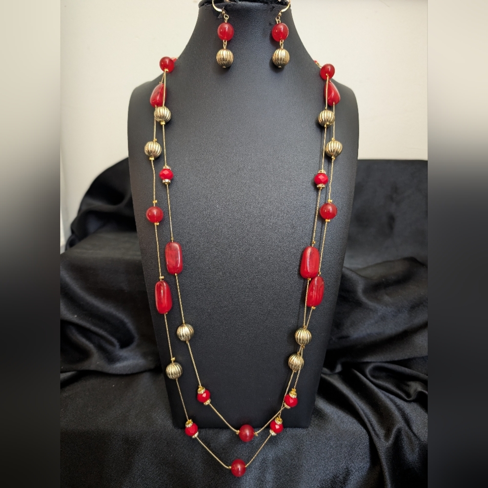 #8. Long Gold & Red  Necklace With Earrings